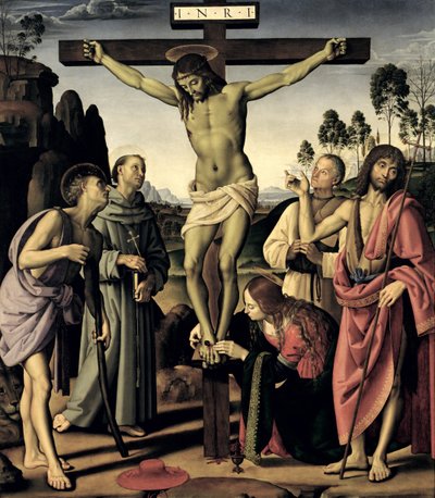 Die Kreuzigung mit den Heiligen Hieronymus, Franziskus, Maria Magdalena, Johannes dem Täufer und dem seligen Giovanni Colombini, ca. 1480-1500 von Pietro Perugino